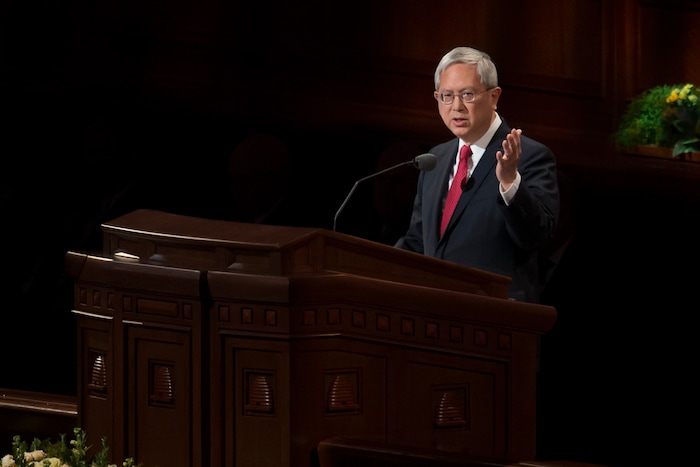 (Jeremy Harmon  |  The Salt Lake Tribune)  Elder Gerrit W. Gong speaks during the Sunday afternoon session of General Conference on April 1, 2018.