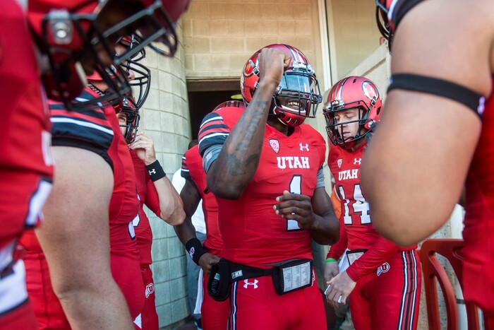 (Chris Detrick  |  The Salt Lake Tribune)  Utah Utes quarterback Tyler Huntley (1) and his teammates gather before the game at Rice-Eccles Stadium Saturday, October 21, 2017. 