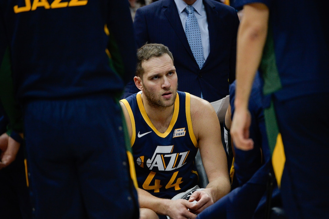 (Francisco Kjolseth  |  The Salt Lake Tribune)  Utah Jazz forward Bojan Bogdanovic (44) listens to coach during a time out as the Utah Jazz host the New Orleans Pelicans in their NBA basketball game at Vivint Smart Home Arena in Salt Lake City on Sat. Nov. 23, 2019.