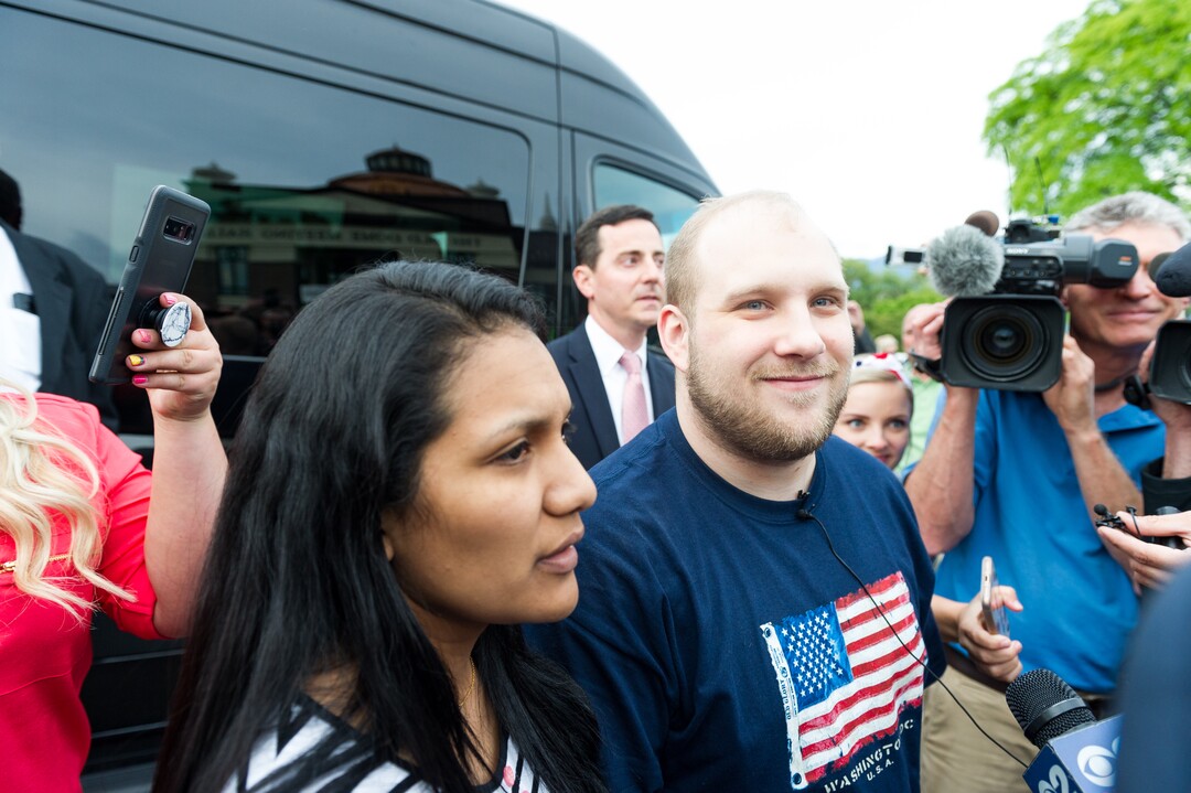 Alex Gallivan  |  Special to the Tribune Josh Holt, his wife, Thamy speak with reporters after arriving to hundreds of well wishers in Riverton, Monday, May 28,2018