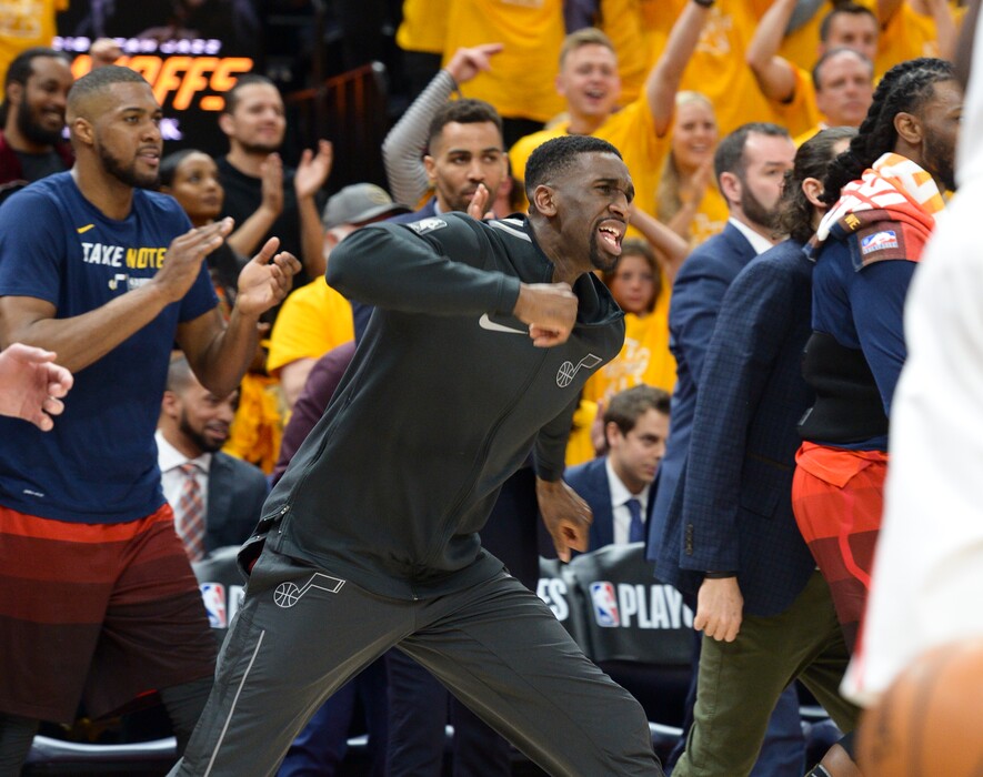 (Leah Hogsten | The Salt Lake Tribune) Utah Jazz center Ekpe Udoh (33) and the bench celebrate the play of Utah Jazz forward Royce O'Neale (23) as the Utah Jazz take on the Houston Rockets in Game 3 of an NBA basketball second-round playoff series Friday, May 4, 2018 in Salt Lake City.