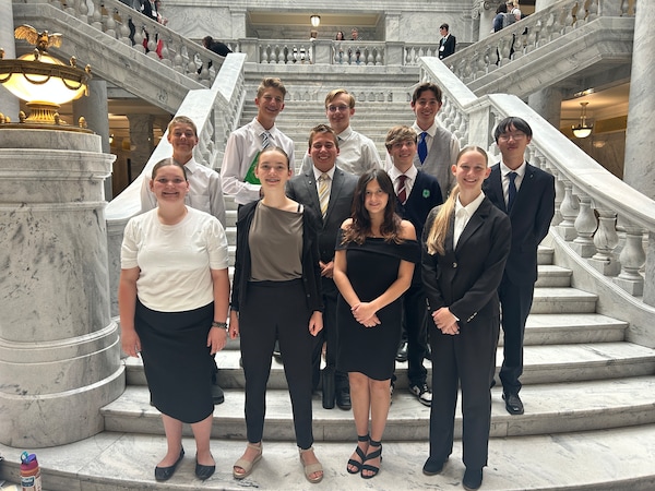 (Photo courtesy Katarina Aikens) Members of the Washington County 4-H Mock Legislature at the Utah Capitol in 2025. The author, Jenna Perdue, is the first one on left on the front row.