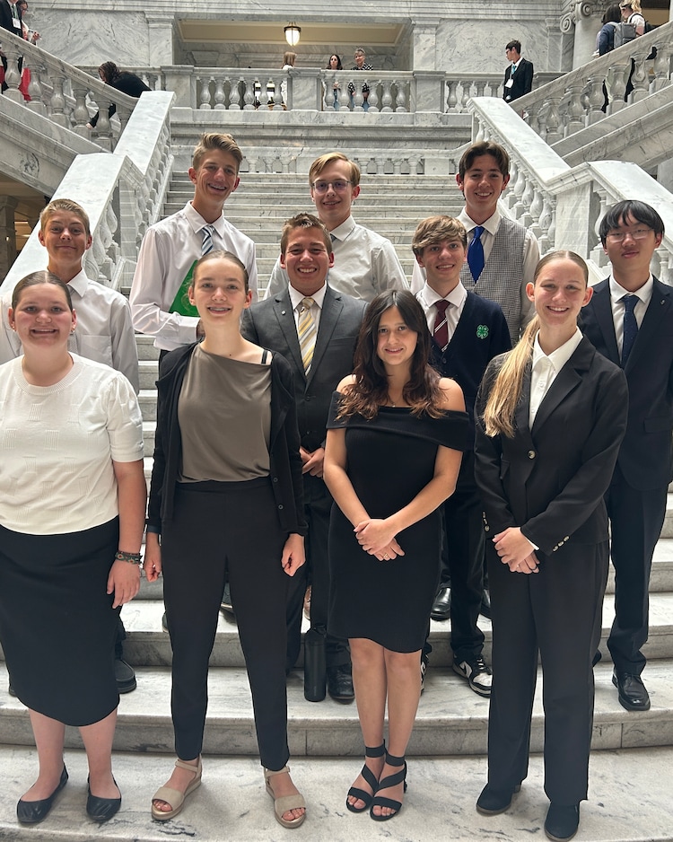 (Photo courtesy Katarina Aikens) Members of the Washington County 4-H Mock Legislature at the Utah Capitol in 2025. The author, Jenna Perdue, is the first one on left on the front row.