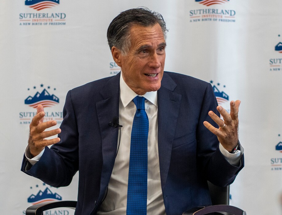 (Rick Egan | The Salt Lake Tribune)  Sen. Mitt Romney, appearing at the Hinckley Institute of Politics in August 2023. declined a request to form a Latter-day Saint version of the Anti-Defamation League.