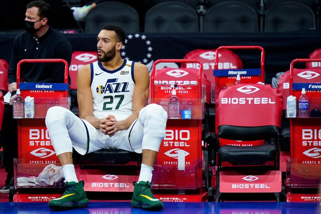 (Matt Slocum | AP) Utah Jazz's Rudy Gobert sits on the bench in the final seconds of overtime during an NBA basketball game, Wednesday, March 3, 2021, in Philadelphia.