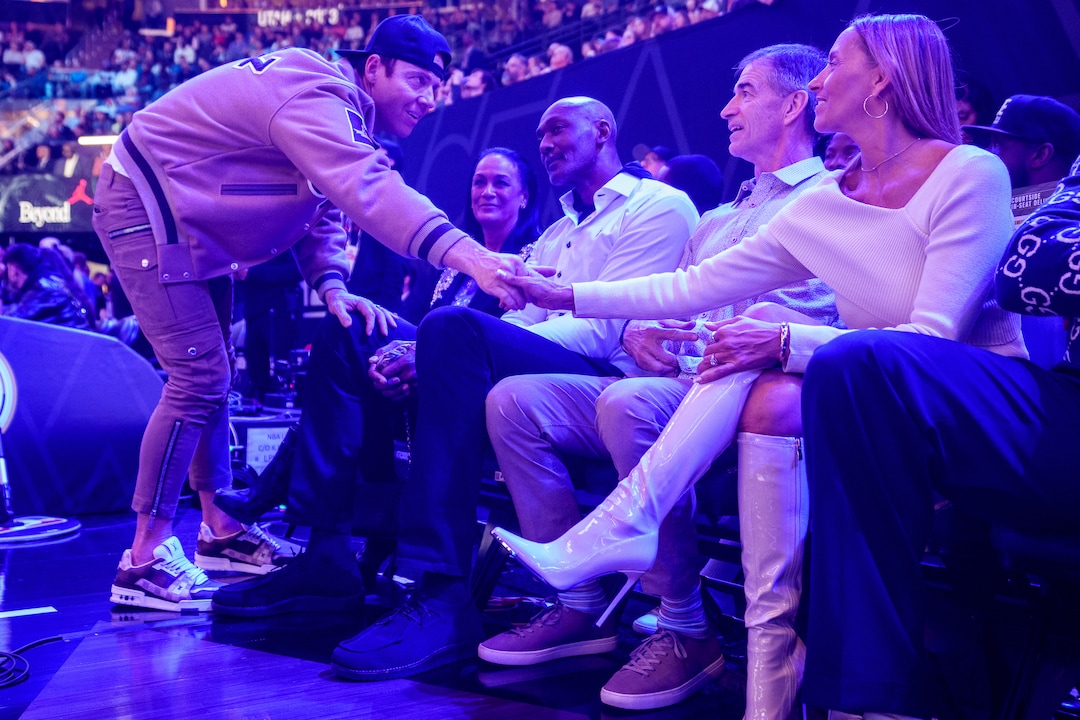 (Trent Nelson  |  The Salt Lake Tribune) Utah Jazz owner Ryan Smith greets Karl Malone and John Stockton courtside at the NBA All-Star Game in Salt Lake City on Sunday, Feb. 19, 2023. From left are Smith, Kay Malone, Malone, Stockton, and Nada Stockton.