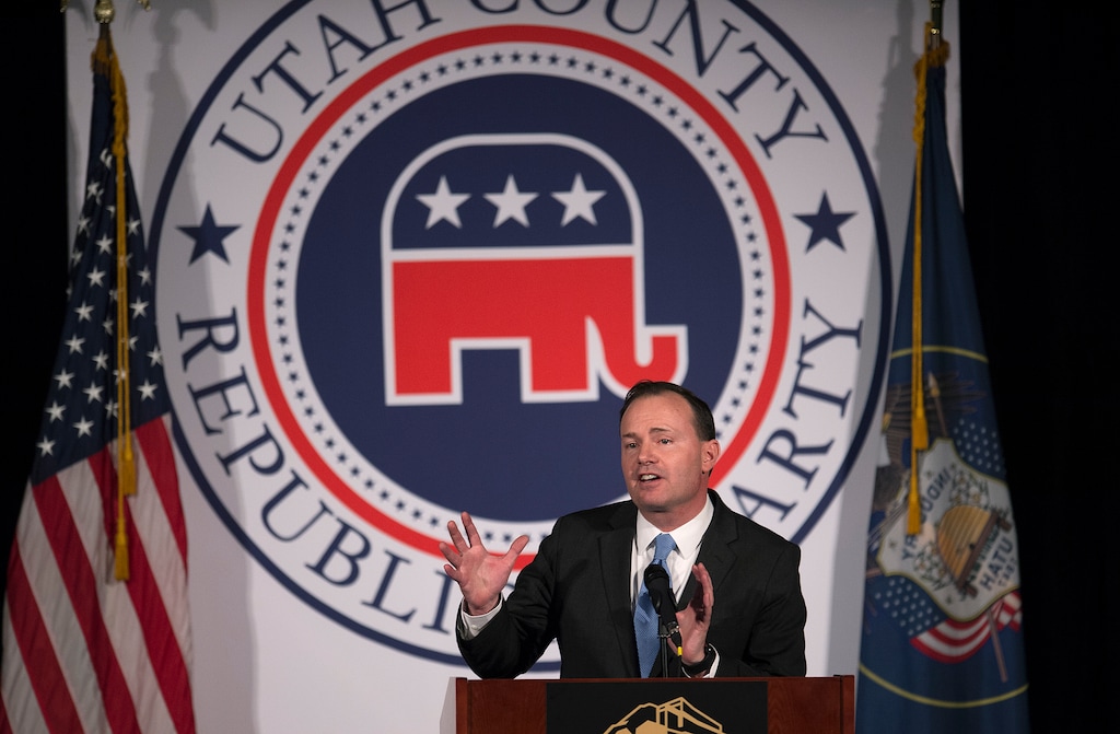 Scott Sommerdorf | The Salt Lake Tribune
Senator Mike Lee, R-Utah, speaks at the 2018 Utah County Republican Party Lincoln Day Dinner.