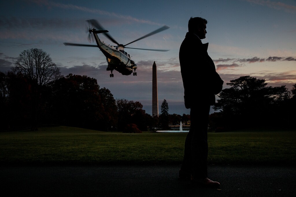 (Damon Winter | The New York Times) President Trump departs by helicopter from the South Lawn of the White House en route to a campaign event.