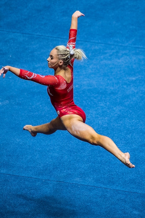 (Chris Detrick  |  The Salt Lake Tribune)  Utah's Mykayla Skinner competes on the floor during the gymnastics meet against Brigham Young University Friday, January 5, 2018.  