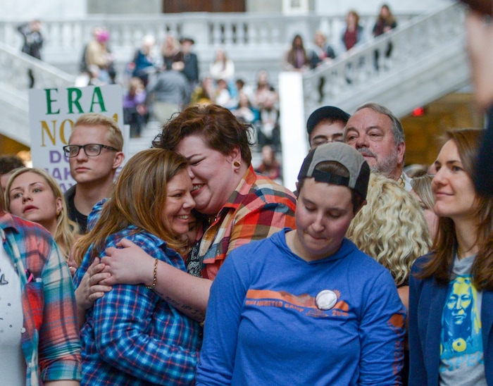 (Leah Hogsten | The Salt Lake Tribune) Faces in the crowd at Amplifying WomenÕs Voices rally to celebrate International WomenÕs Day at the Utah State Capitol Rotunda, hosted by KRCL Thursday, March 8, 2018.