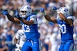 (Trent Nelson | The Salt Lake Tribune) BYU Cougars defensive lineman Tausili Akana (13) celebrates a sack as BYU hosts Arizona, NCAA football in Provo on Saturday, Sept. 12, 2026.