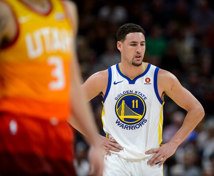 (Steve Griffin  |  The Salt Lake Tribune) Golden State Warriors guard Klay Thompson (11) puts his hands on his hips as the Jazz build a huge lead during the Utah Jazz versus Golden State Warriors at Vivint Smart Home Arena in Salt Lake City Tuesday January 30, 2018.