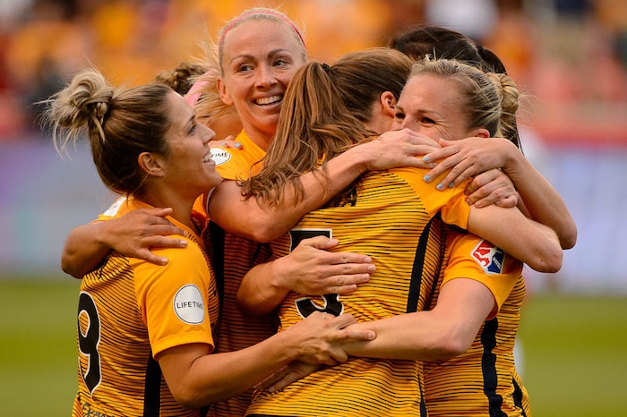 (Trent Nelson | The Salt Lake Tribune)
Utah Royals vs. Washington Spirit, soccer at Rio Tinto Stadium in Sandy, Saturday May 5, 2018. Royals players celebrate a goal by Utah Royals FC defender Kelley O'Hara (5).