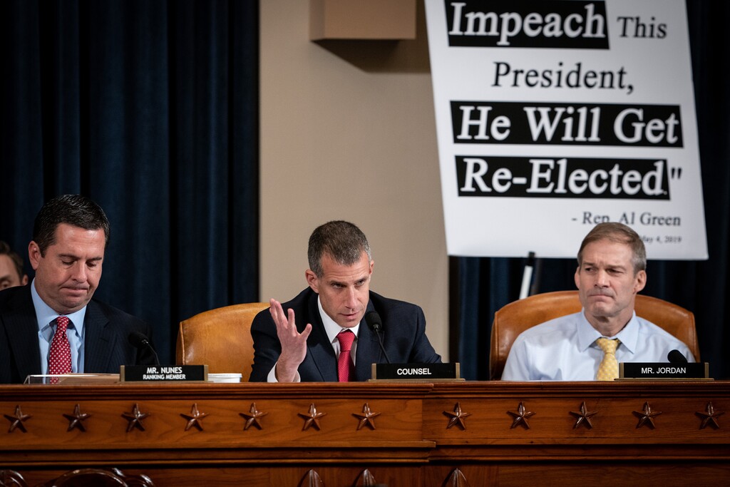 The House Intelligence Committee ranking member Devin Nunes, left, Republican of California, with minority counsel Steve Castor and Representative Jim Jordan, Republican of Ohio, at the impeachment hearing inquiry in Washington on Wednesday, Nov. 13, 2019. (Erin Schaff/The New York Times)
