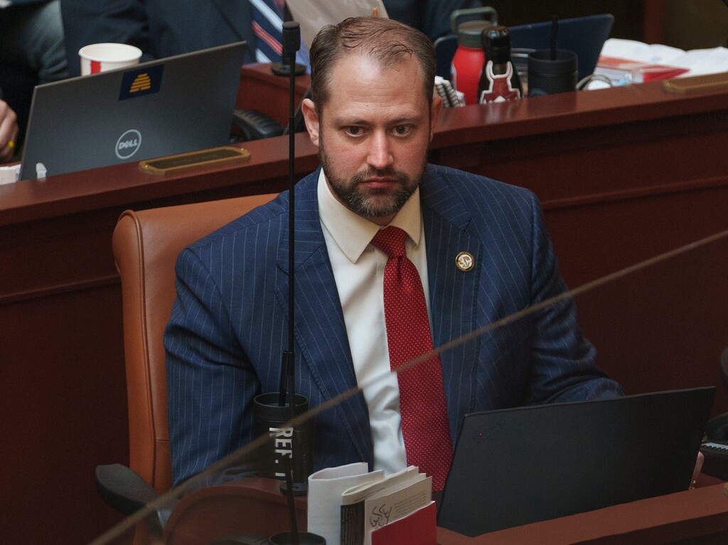 (Leah Hogsten | The Salt Lake Tribune)  Rep. Jordan Teuscher, R-South Jordan during House floor time at the Utah Legislative Session, Jan. 28, 2022.