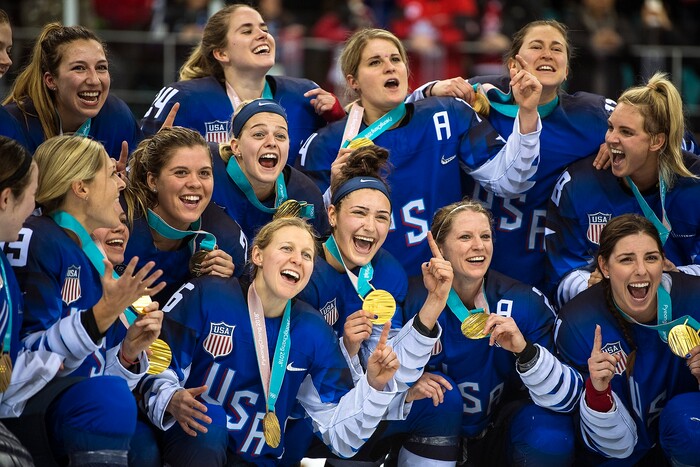 (Chris Detrick  |  The Salt Lake Tribune) Members of team USA celebrate after winning the Women's Gold Medal Game at Gangneung Hockey Centre during the Pyeongchang 2018 Winter Olympics Thursday, Feb. 22, 2018. United States defeated Canada 3-2 in a shootout victory. 