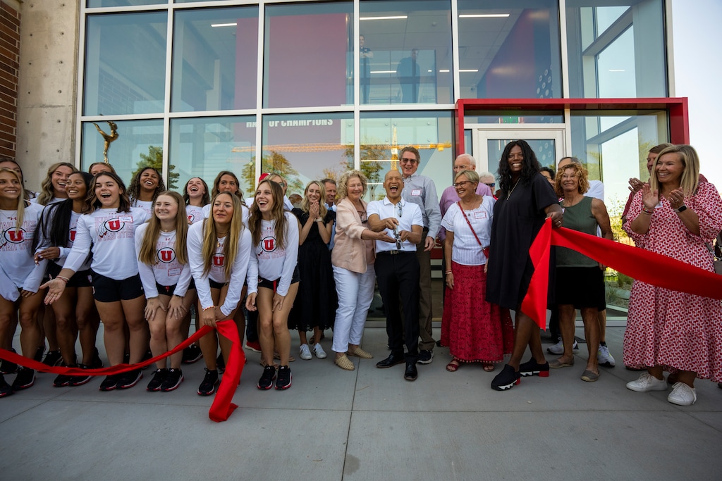 (Rick Egan | The Salt Lake Tribune)  Ribbon cutting for the new Utes Dumke Gymnastics Center, on Thursday, Aug. 17, 2023.