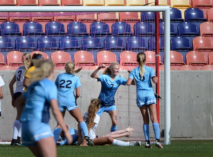 (Scott Sommerdorf | The Salt Lake Tribune)
Sky View's Samantha Tippetts celebrates her tip in goal to give the Bobcats a 1-0 first half lead. Sky View defeated Bonneville 2-0 to win the 4A title game, Saturday, October 21, 2017.
