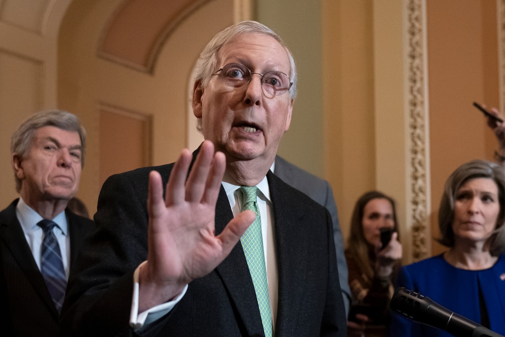 (J. Scott Applewhite | AP) Senate Majority Leader Mitch McConnell, R-Ky., joined by Sen. Roy Blunt, R-Mo., left, and Sen. Joni Ernst, R-Iowa, right, dismisses the impeachment process against President Donald Trump saying, "I'm not an impartial juror. This is a political process," as he meets with reporters at the Capitol in Washington, Tuesday, Dec. 17, 2019.