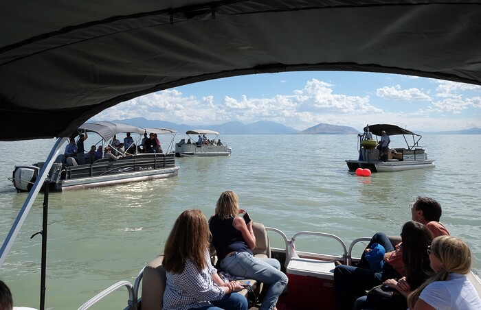 (Francisco Kjolseth | The Salt Lake Tribune) Members of the Legislative Water Development Commission take a tour of Utah Lake on Wednesday, Sept. 13, 2017, for the purpose of learning of wastewater treatment, the importance of protecting our lakes and rivers, how the state is looking to change water quality standards and how regulation is an important local issue.