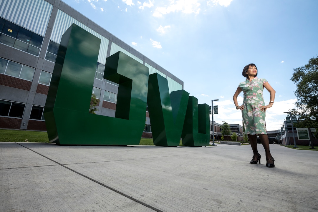 (Photo Courtesy of Jay Drowns/Utah Valley University) Utah Valley University President Astrid S. Tuminez is photographed with students on the UVU campus in Orem, Utah on Wednesday, June 1, 2018.