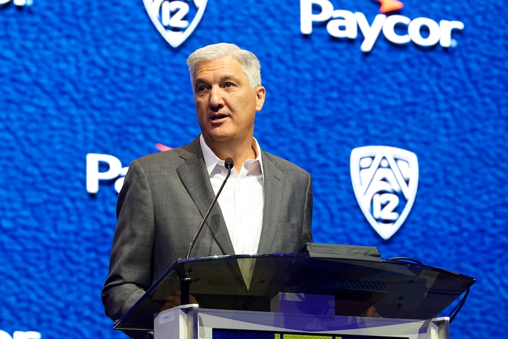 (Lucas Peltier | AP) Pac-12 commissioner George Kliavkoff speaks at the NCAA college football Pac-12 media day Friday, July 21, 2023, in Las Vegas.