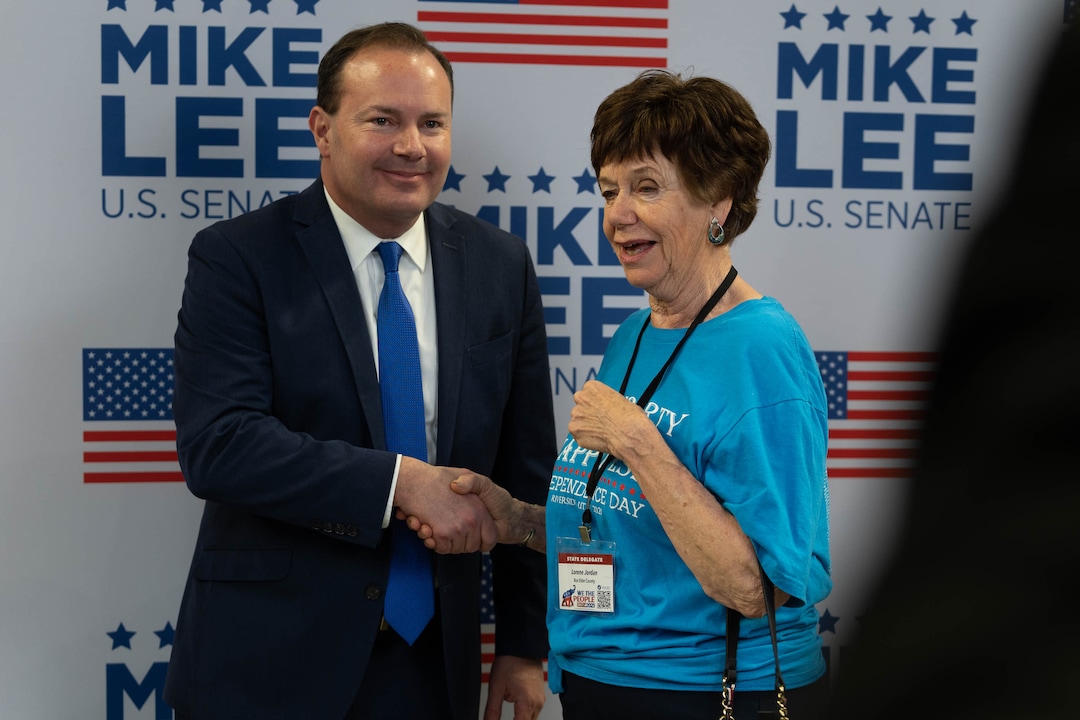 (Francisco Kjolseth | The Salt Lake Tribune) Sen. Mike Lee shakes hands with delegate Lorene Jordan of Box Elder County during a meet and greet at the Utah Republican Party’s 2021 Organizing Convention at the Maverik Center in West Valley City on Saturday, May 1, 2021, as they return to an in-person format after the pandemic forced the nominating convention to go online last year.