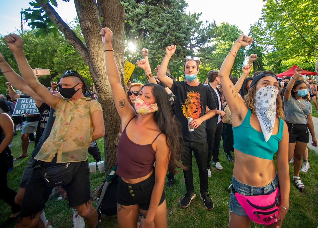 (Rick Egan  |  The Salt Lake Tribune)  The crowd dances as Joshy. Soul performs at Washington Square in Salt Lake City during the Juneteenth Celebration, on Friday, June 19, 2020.