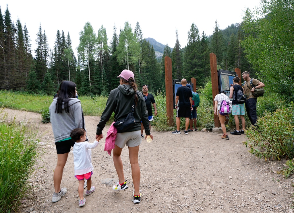 (Francisco Kjolseth | The Salt Lake Tribune) Families begin their hike to Donut Falls, the busiest destination in Utah's Big Cottonwood Canyon, on Thursday, Aug. 4, 2022. The Uintah-Wasatch-Cache National Forest is preparing a trails plan for Big Cottonwood and two neighboring canyons.