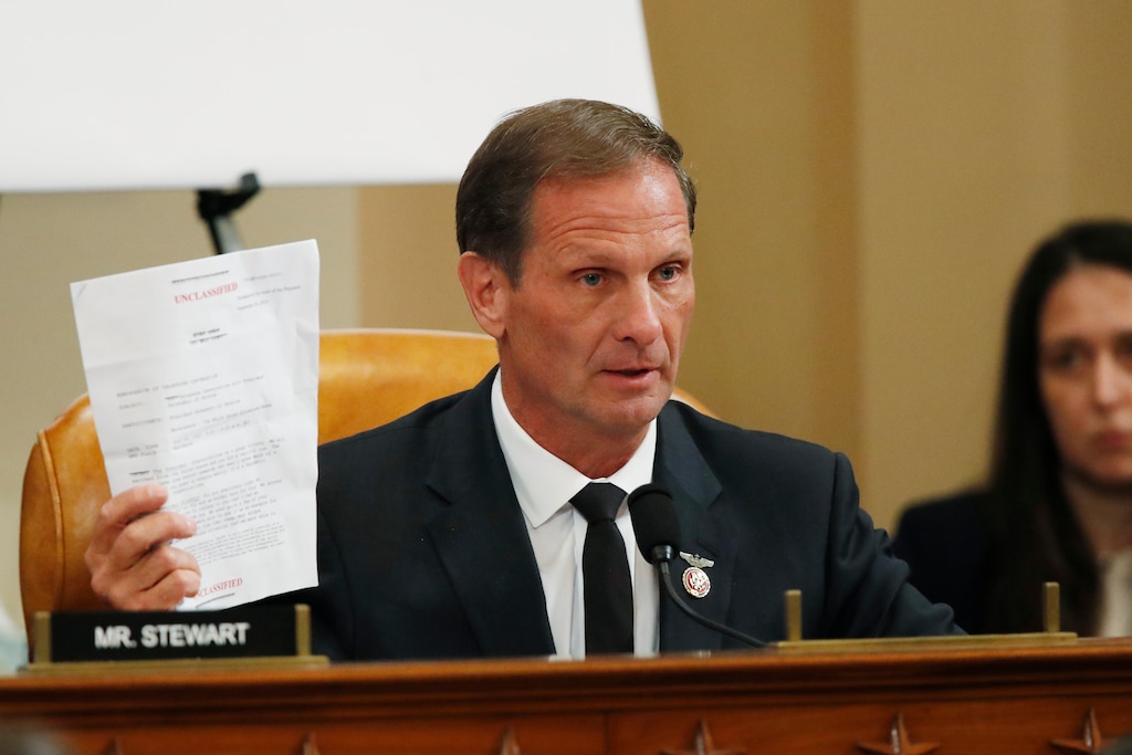 (Alex Brandon | AP Photo) Rep. Chris Stewart, R-Utah, questions top U.S. diplomat in Ukraine William Taylor, and career Foreign Service officer George Kent, as they testify before the House Intelligence Committee on Capitol Hill in Washington, Wednesday, Nov. 13, 2019, during the first public impeachment hearing of President Donald Trump's efforts to tie U.S. aid for Ukraine to investigations of his political opponents.