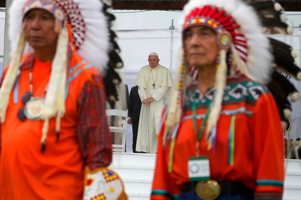 (AP Photo/Gregorio Borgia) Pope Francis arrives for a meeting with indigenous communities, including First Nations, Metis and Inuit, at Our Lady of Seven Sorrows Catholic Church in Maskwacis, near Edmonton, Canada, Monday, July 25, 2022. Pope Francis begins a "penitential" visit to Canada to beg forgiveness from survivors of the country's residential schools, where Catholic missionaries contributed to the "cultural genocide" of generations of Indigenous children by trying to stamp out their languages, cultures and traditions. Francis set to visit the cemetery at the former residential school in Maskwacis.
