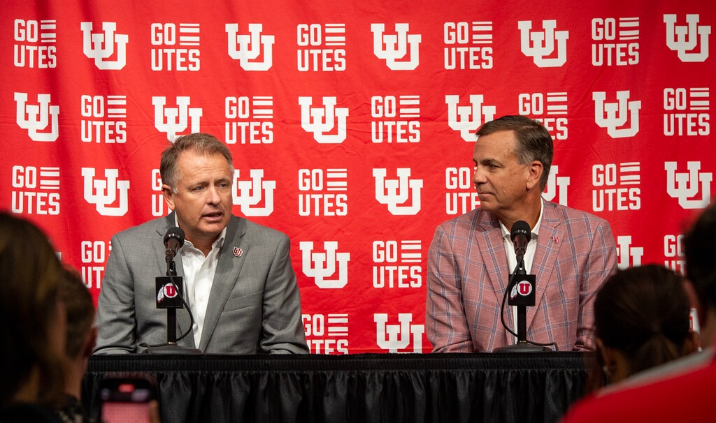 (Chris Samuels | The Salt Lake Tribune) University of Utah president Taylor Randall, left, and athletic director Mark Harlan in 2023.