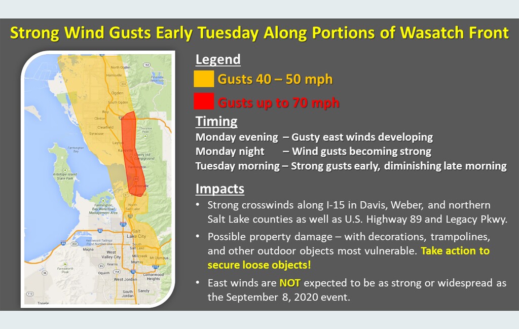 (Courtesy of the National Weather Service) There's a high wind warning for northern Utah from 8 p.m. Monday-11 a.m. Tuesday.