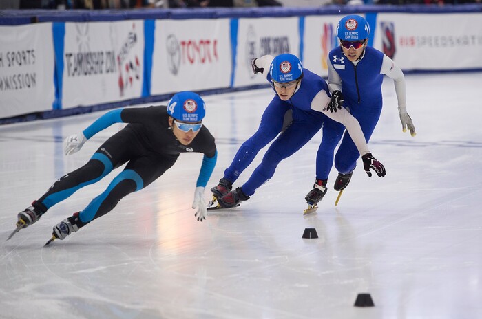 (Scott Sommerdorf   |  The Salt Lake Tribune)   
Gunnar Olson and Brandon Kim get tangled up behind as Aaron Heo leads them into a turn during a men's 1000 meter race during day 3 of the U.S. short-track Olympic Team Trials at the Utah Olympic Oval, Sunday, December 17, 2017.  
