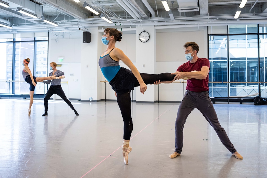 (Beau Pearson  |  courtesy of Ballet West) Artist Olivia Gusti and first soloist Tyler Gum (foreground) rehearse, in socially distanced conditions, for Ballet West's season opener, "Nine Sinatra Stories."