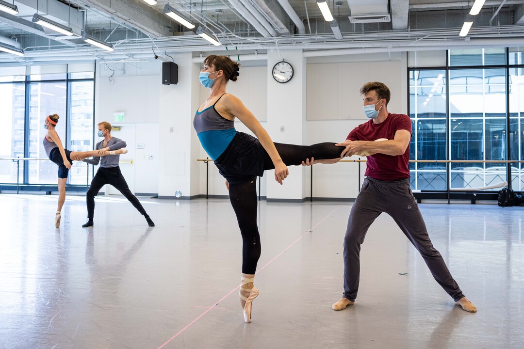 (Beau Pearson  |  courtesy of Ballet West) Artist Olivia Gusti and first soloist Tyler Gum (foreground) rehearse, in socially distanced conditions, for Ballet West's season opener, "Nine Sinatra Stories." Because of COVID-19 restrictions, only married and cohabitating dancers are performing duets for this show.