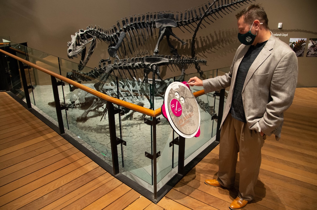 (Francisco Kjolseth  |  The Salt Lake Tribune) Jason Cryan, who became the new director of the Natural History Museum of Utah in March – just in time to close the place because of COVID-19, demonstrates one of the updates that has been made to hopefully reopen the museum in mid-August. Interactive displays can now be moved with the use of a stylus which will be provided to guests with the purchase of a ticket.