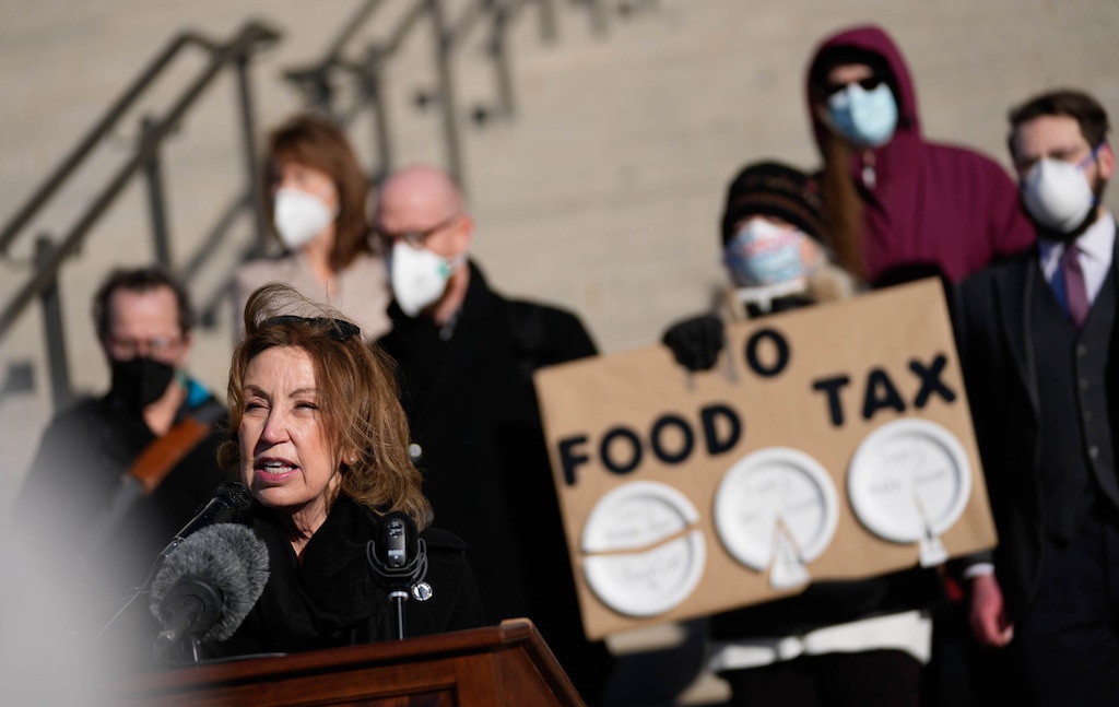 (Francisco Kjolseth | The Salt Lake Tribune) Representative Rosemary Lesser, D-Ogden is joined by Rep. Judy Weeks Rohner, R-West Valley City, as they hold a news conference on the steps of the Utah Capitol on Tuesday, Feb. 1, 2022, to bring attention to legislation they are bringing forward aimed at eliminating the state’s portion of the sales tax on food.