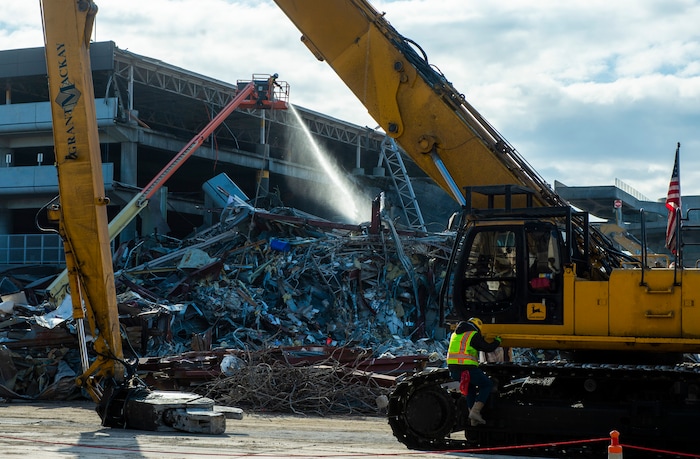 (Rick Egan | The Salt Lake Tribune)  The old parking garage at the Salt Lake International Airport is prepared for demolition, to make way for the expansion of the new terminals, on Tuesday, Nov. 24, 2020.