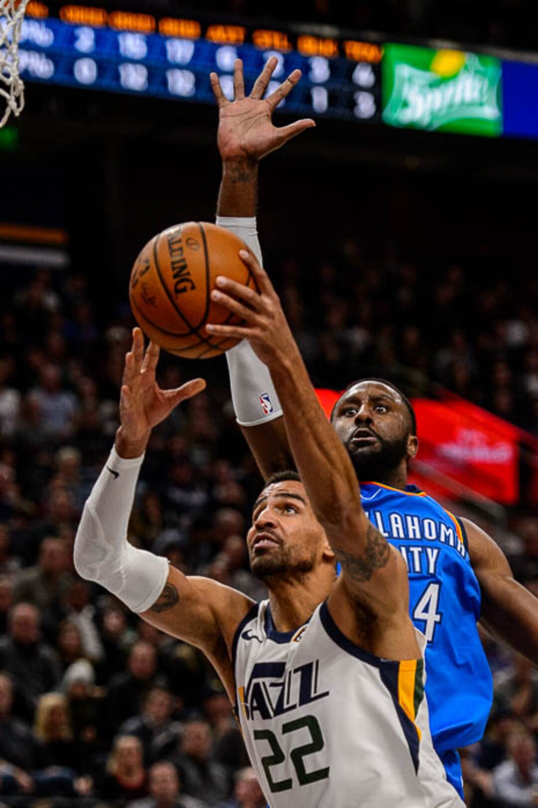 (Trent Nelson | The Salt Lake Tribune)  Utah Jazz forward Thabo Sefolosha (22), Oklahoma City Thunder forward Patrick Patterson (54) as the Utah Jazz host the Oklahoma City Thunder, NBA basketball in Salt Lake City, Saturday December 23, 2017.