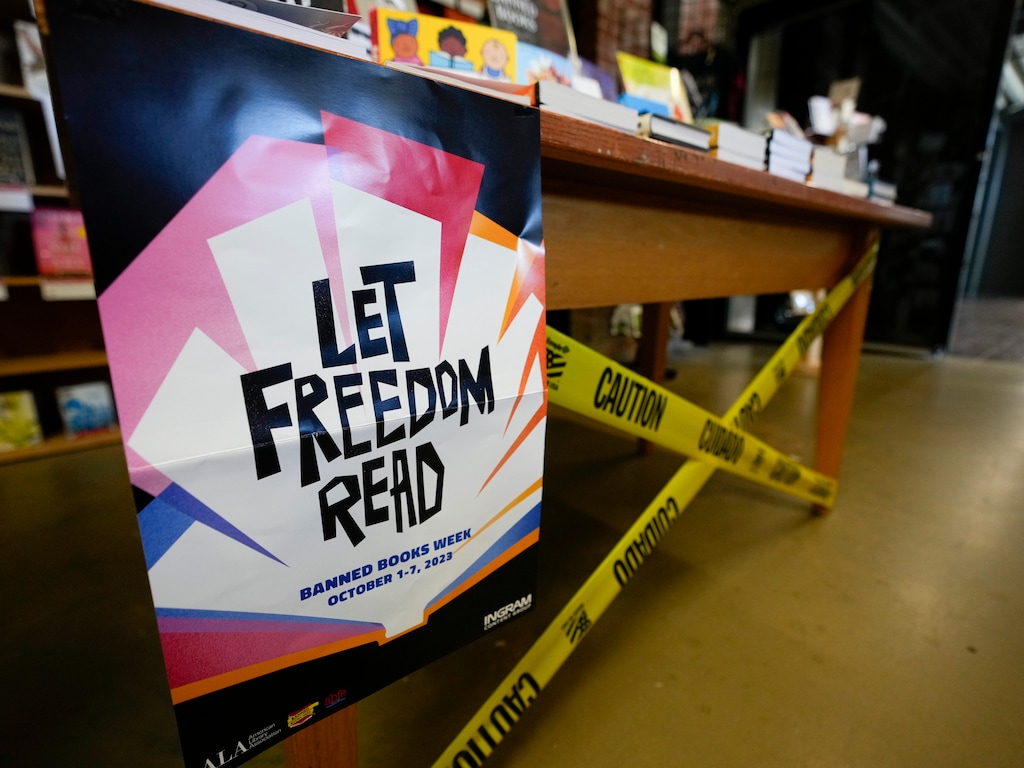 (Bethany Baker | The Salt Lake Tribune) A sign in Weller Book Works at Trolley Square announces Banned Books Week in Salt Lake City on Thursday, Oct. 5, 2023. Utah ordered the removal of 13 book titles from every public school in the state on Aug. 2, 2024.
