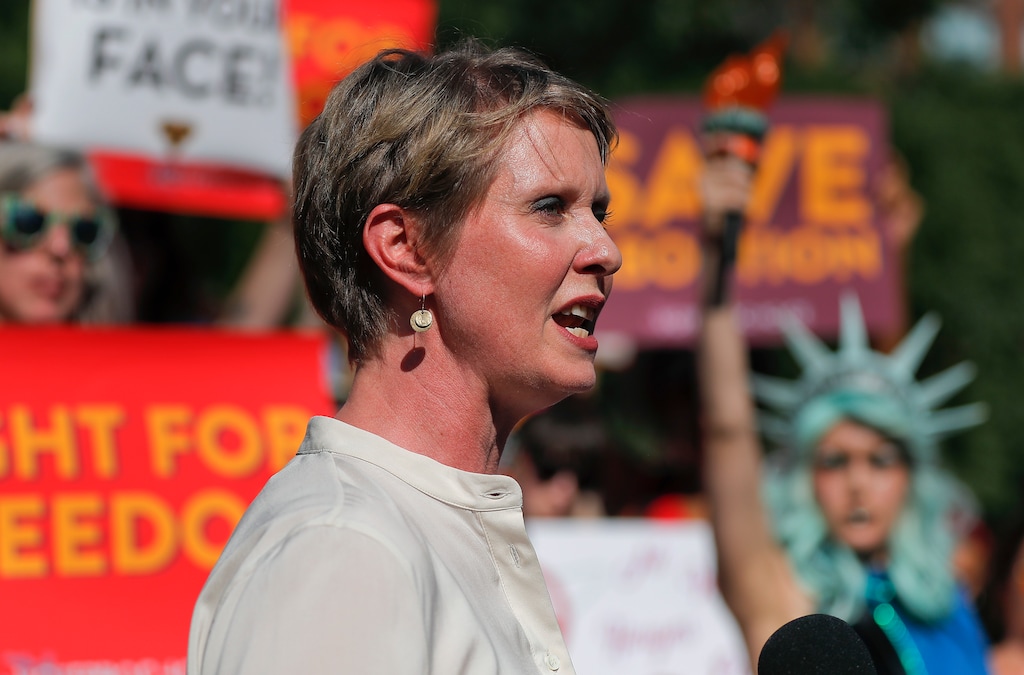 FILE - In this July 10, 2018 file photo, New York gubernatorial candidate Cynthia Nixon speaks during a pro-choice rally in New York. Nixon’s economic development plan calls for investments in green jobs, minority communities and crumbling infrastructure. The former “Sex and the City” star and Democratic candidate for New York governor also wants greater transparency and accountability in state economic development spending. The candidate’s plan was first reported Tuesday, Aug. 7  by The Associated Press. (AP Photo/Julie Jacobson)