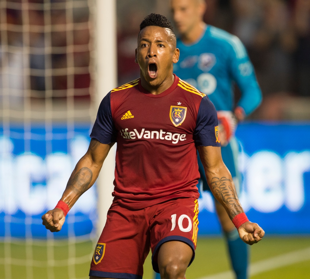 (Rick Egan  |  The Salt Lake Tribune)     Real Salt Lake forward Joao Plata (10) reacts after scoring a goal in the first period, in MLS action between Real Salt Lake and Montreal Impact, at Rio Tinto Stadium in Sandy, Saturday, Aug. 11, 2018.