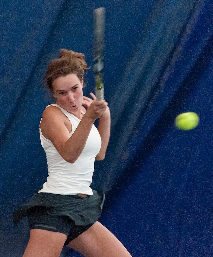Michael Mangum  |  Special to the TribuneRowland Hall's Katie Foley hits a forehand smash during the Utah high school state tennis finals at the Salt Lake Tennis & Health Club in Salt Lake City on Saturday, September 30, 2017. Foley defeated Waterford's Sophie Christensen for the 3A 1st singles state championship.