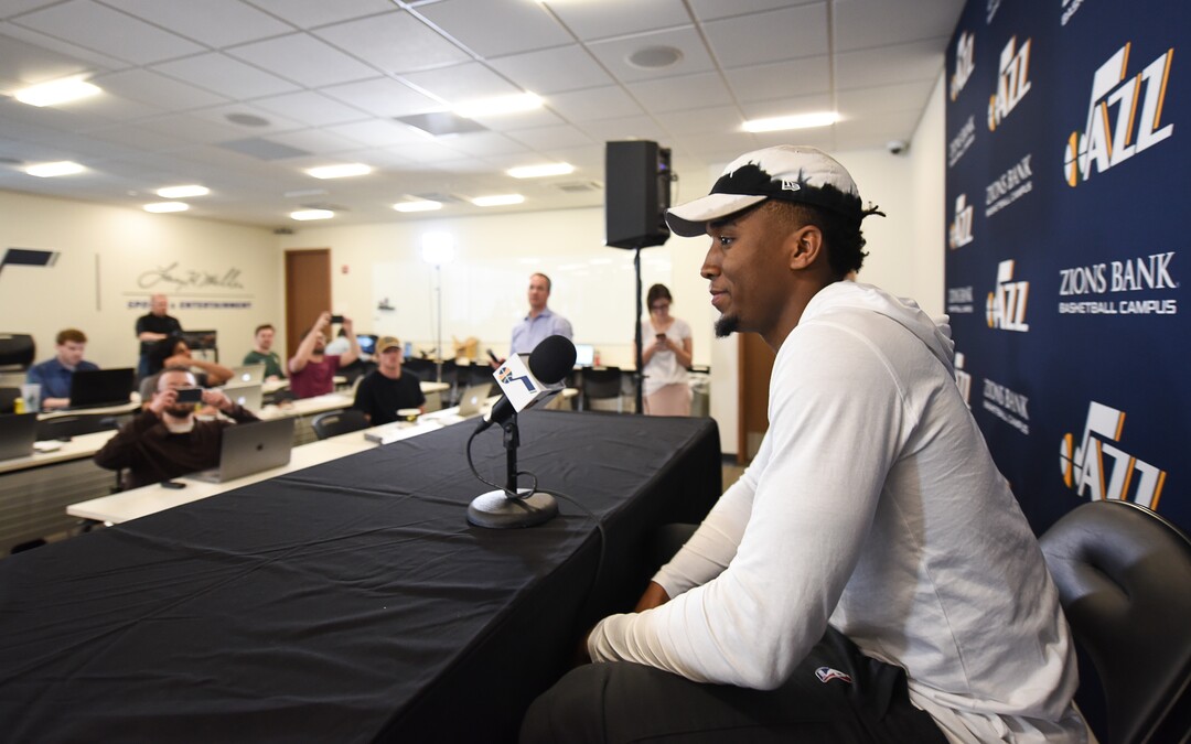 (Francisco Kjolseth  |  The Salt Lake Tribune)  Utah Jazz      guard Donovan Mitchell speaks with the media during exit interviews at their practice facility in Salt Lake City Wed., May 8, 2018, after losing to the Houston Rockets in game 5 of their Western Conference Finals during the 2018 NBA Playoffs.