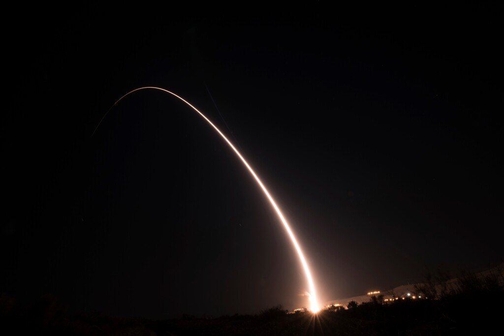(Michael Peterson | U.S. Air Force via AP) This image taken with a slow shutter speed and provided by the U.S. Air Force shows an unarmed Minuteman III intercontinental ballistic missile test launch early Tuesday, Oct. 2, 2019, at Vandenberg Air Force Base, Calif. The Air Force on Tuesday awarded a $13.3 billion contract for engineering and development work on a replacement for the Minuteman 3 missile, which has operated continuously for half a century as a key part of the nuclear force.