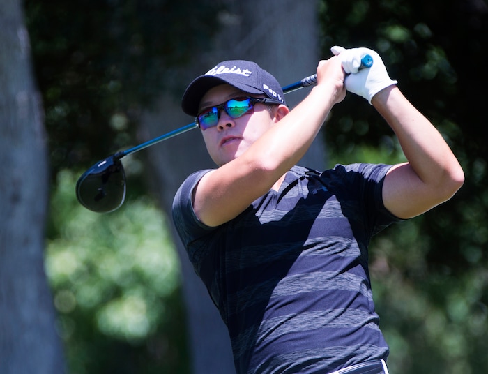 (Rick Egan  |  The Salt Lake Tribune)     Seokwon Jeon, from Draper Utah, hits a drive during the second round of the Utah Championship golf event on the Web.com Tour at Oakridge Country Club in Farmington. July 13, 2018.



