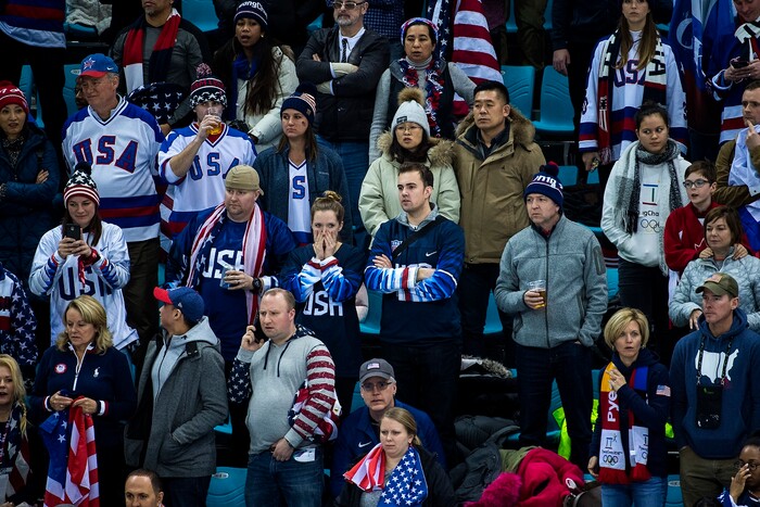 (Chris Detrick  |  The Salt Lake Tribune)  Fans react after a Russian goal during the United States vs Olympic Athletes from Russia hockey game at Gangneung Hockey Centre during the Pyeongchang 2018 Winter Olympics Saturday, Feb. 17, 2018. Olympic Athletes from Russia defeated United States 4-0.