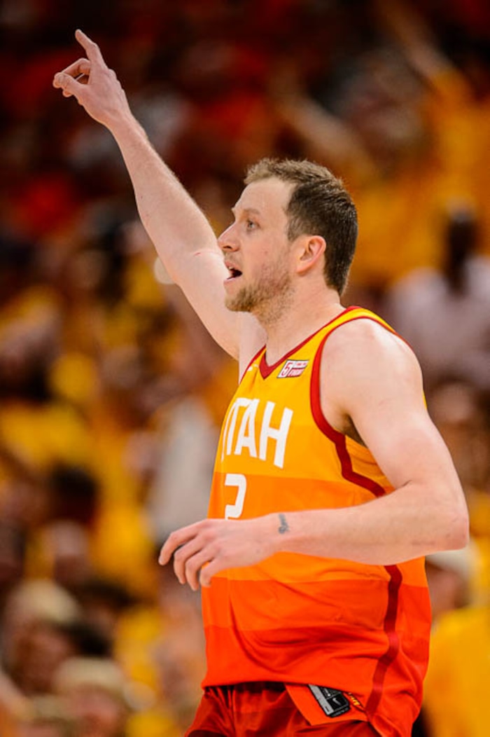 (Trent Nelson | The Salt Lake Tribune)  
Utah Jazz host the Oklahoma City Thunder, Game 3, NBA playoff basketball in Salt Lake City, Saturday April 21, 2018. Utah Jazz forward Joe Ingles (2) celebrates a three-pointer.