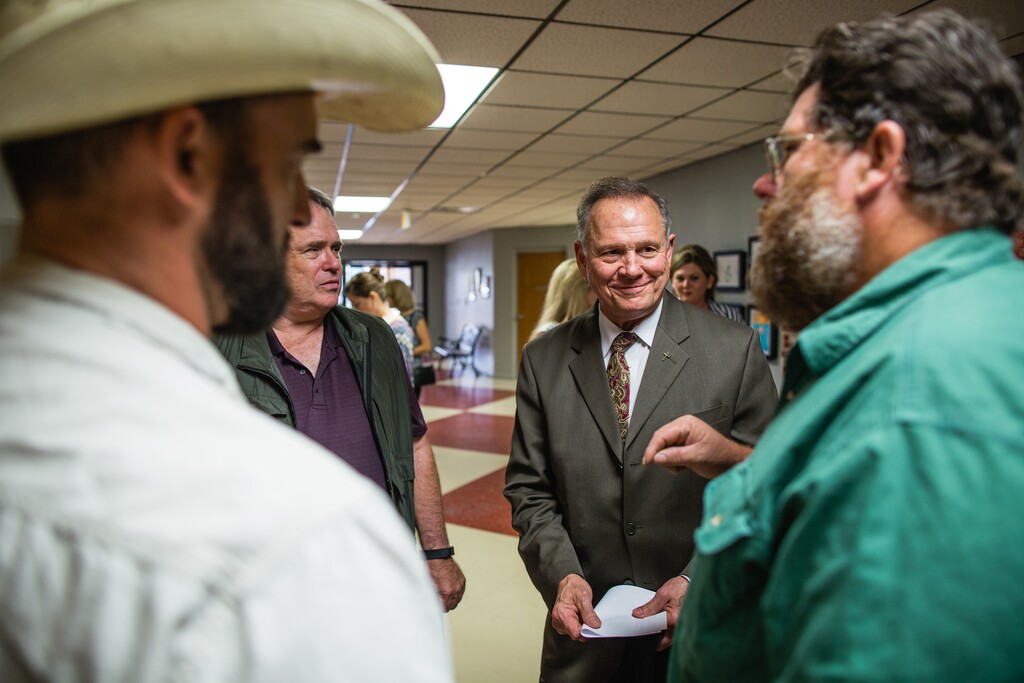 Judge Roy Moore talks with his supporters about the second amendment during a "Faith and Family Rally" in Florence, Alabama, at Shoals Christian School on Set. 17, 2017. MUST CREDIT: Photo by Nathan Morgan for The Washington Post